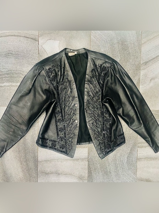 Jackets & Blazers - Women’s Vintage Black Beaded Leather Jacket Size 16 Made in India